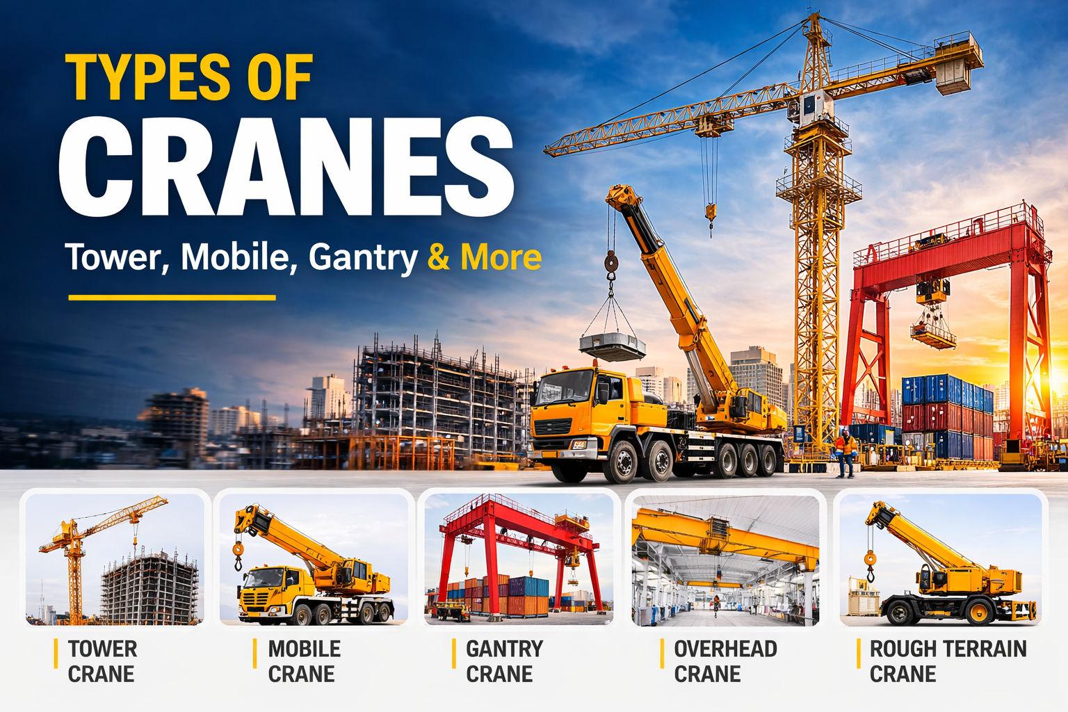 Construction site banner showing different types of cranes including a tower crane, mobile crane truck, gantry crane lifting containers, and crawler crane working at sunset.