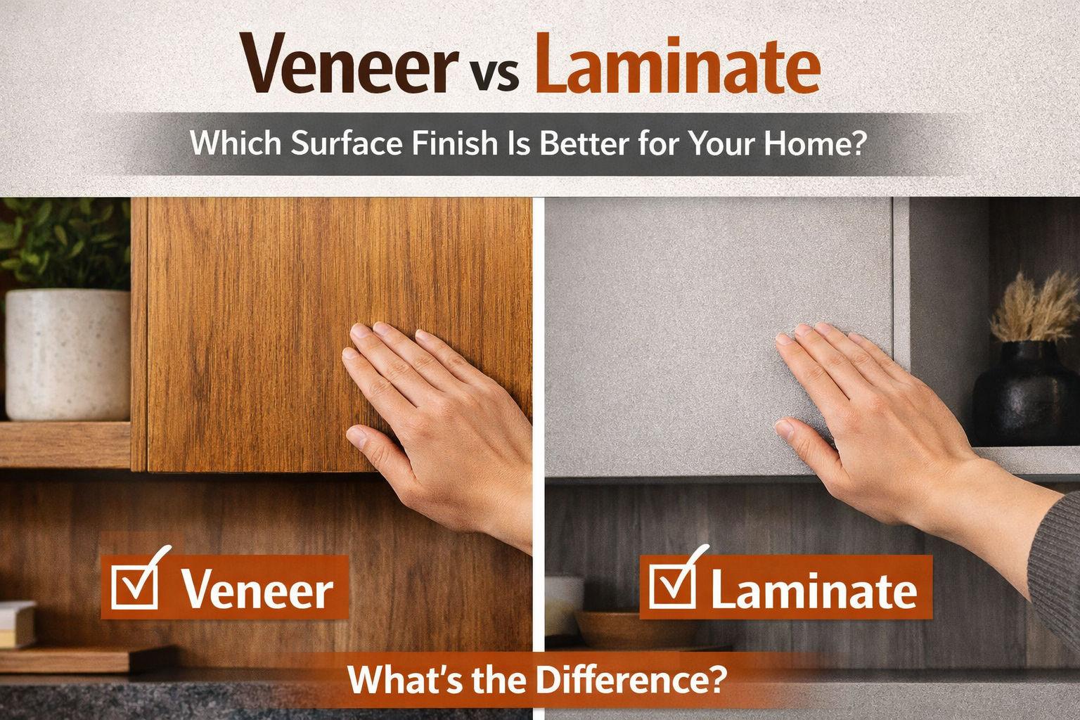 Side-by-side comparison of veneer vs laminate surface finishes showing a natural wood veneer cabinet and a smooth modern laminate cabinet with hands touching both textures in a stylish home interior